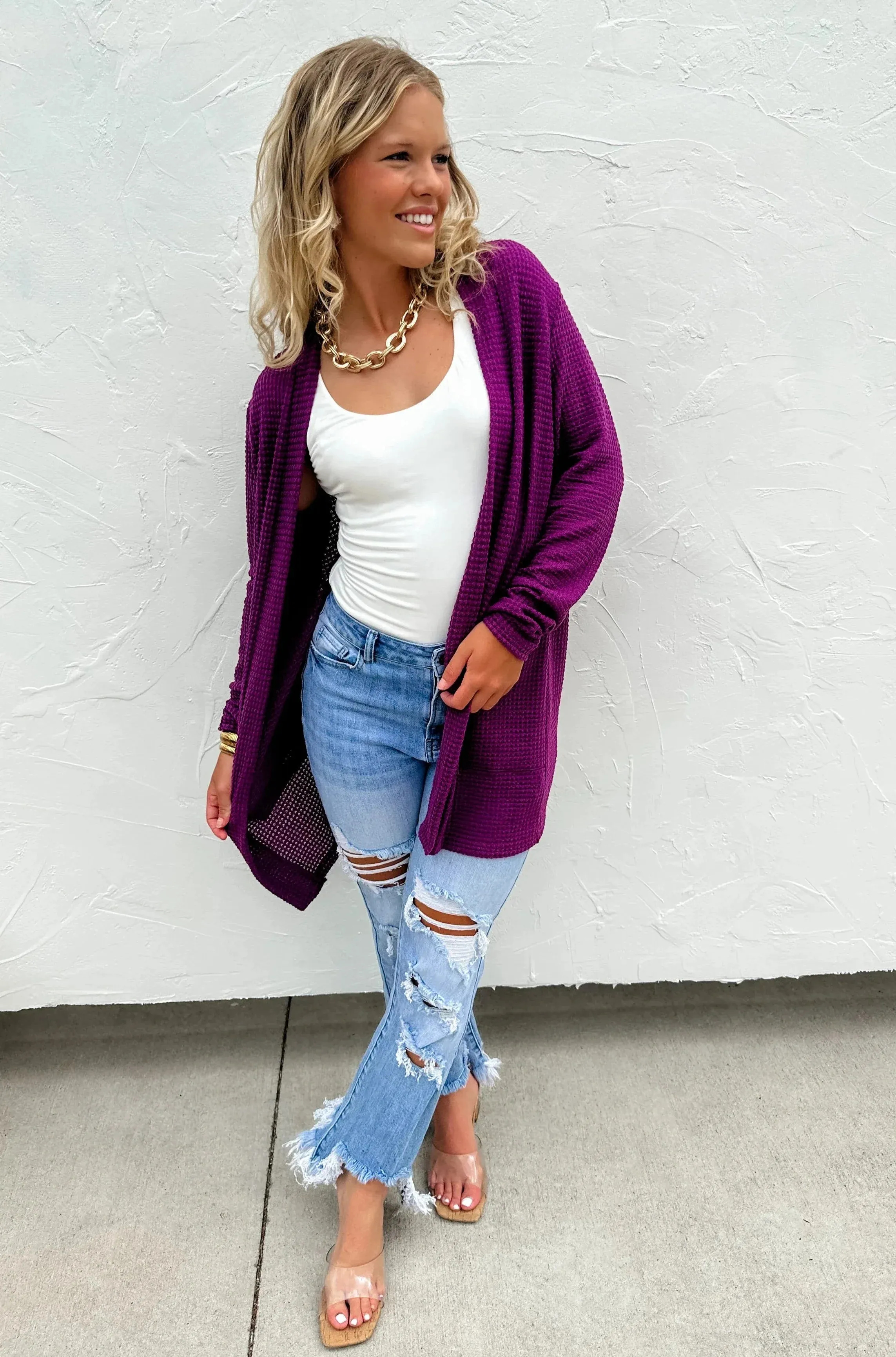 15 Colors - Lola Waffle Knit Cardigan - Blakeley