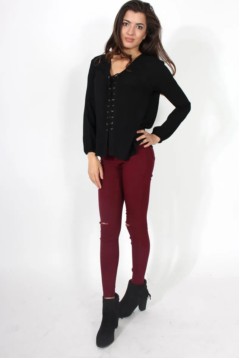 Amira Black Tie Front Top
