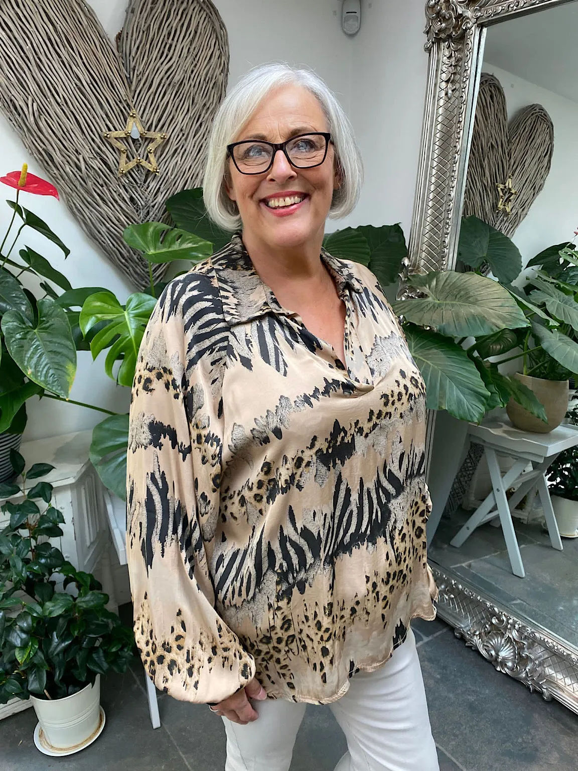Animal Stripe Print Blouse Pearl