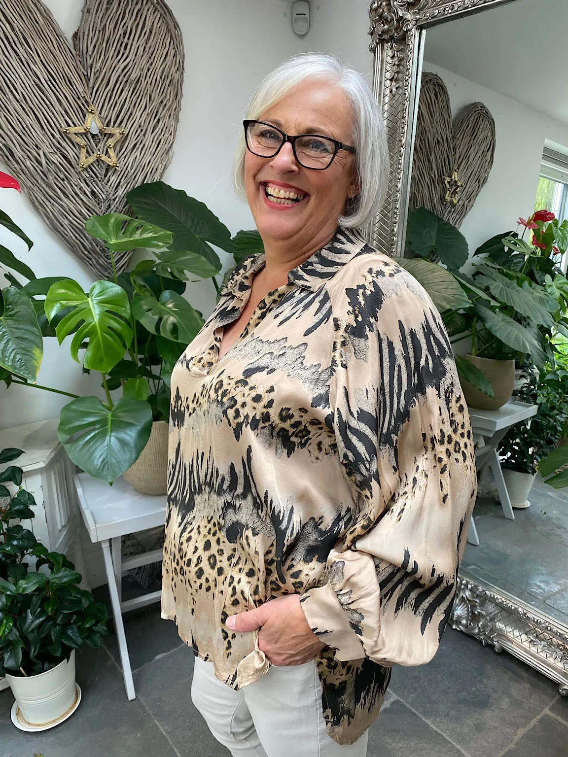 Animal Stripe Print Blouse Pearl