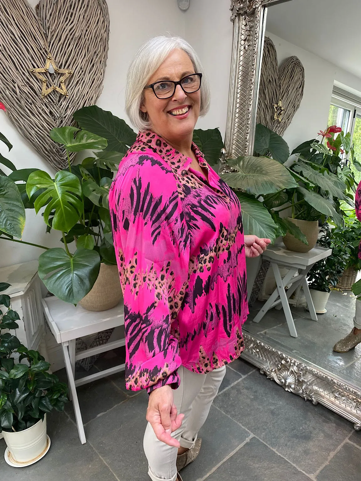 Animal Stripe Print Blouse Pearl