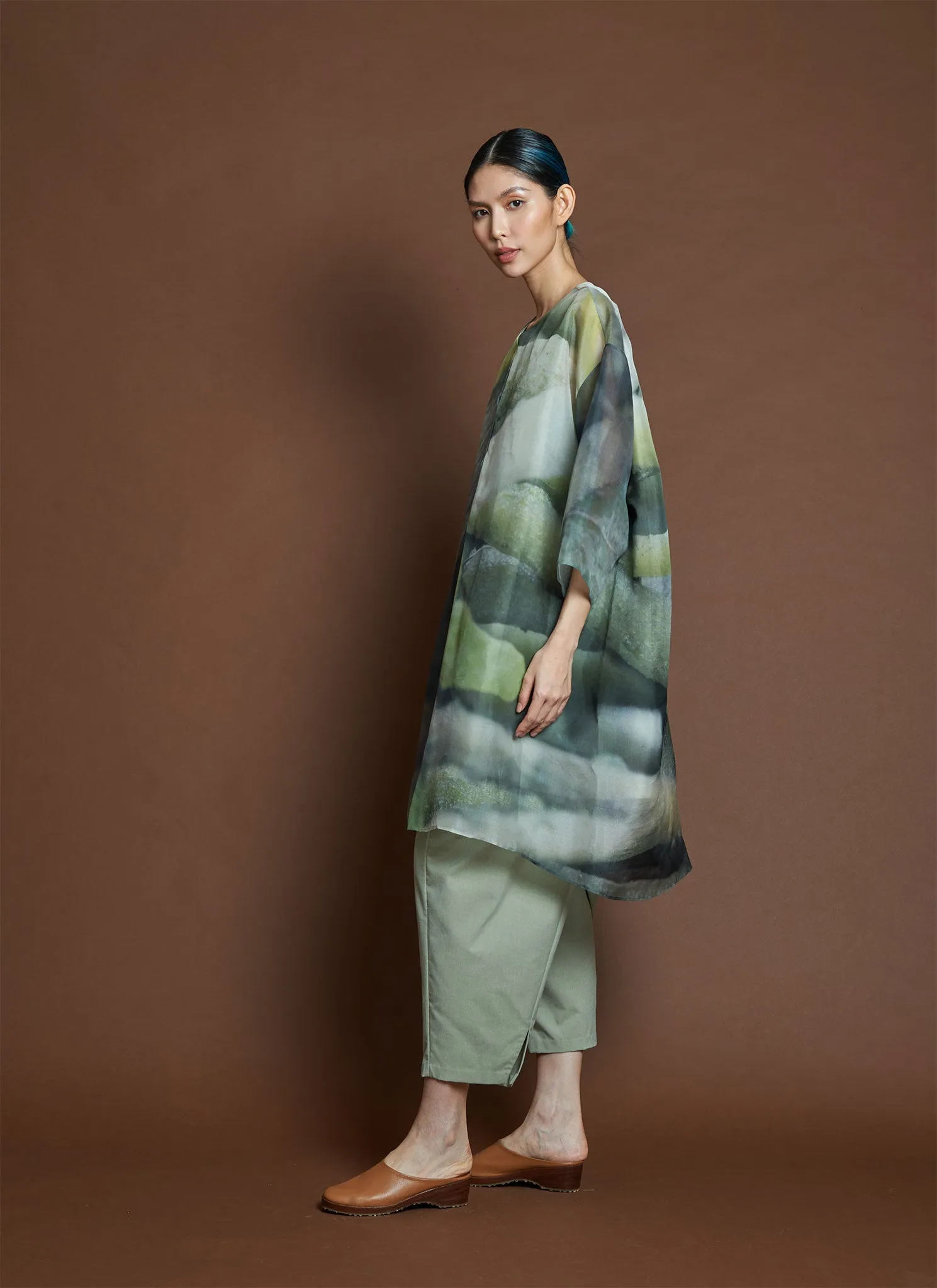 Bazan Printed Organza Silk Button-up Shirt Jacket - Roots Print