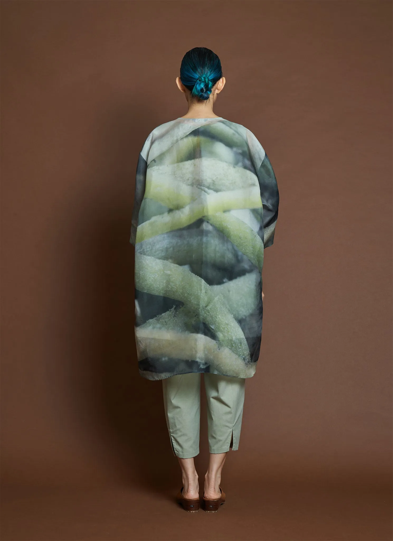 Bazan Printed Organza Silk Button-up Shirt Jacket - Roots Print