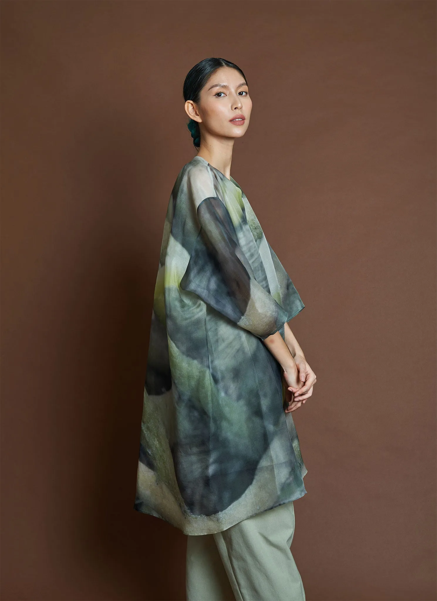 Bazan Printed Organza Silk Button-up Shirt Jacket - Roots Print