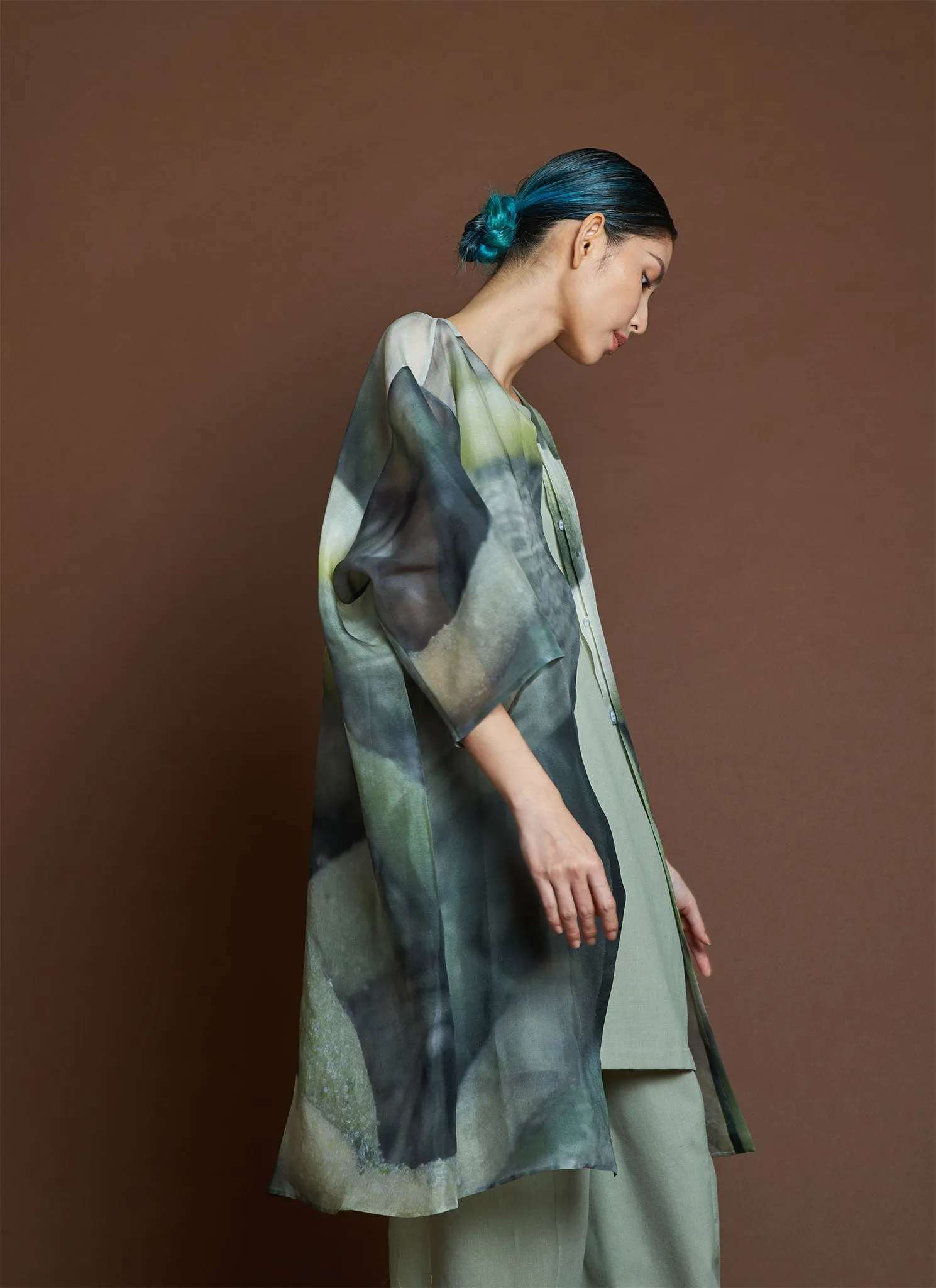 Bazan Printed Organza Silk Button-up Shirt Jacket - Roots Print