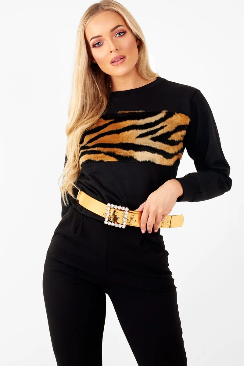 Black Faux Fur Tiger Print Front Cropped Jumper  - Suzie