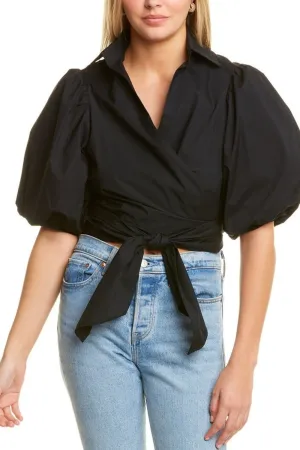 Black Shirt With Puff Sleeve And Tie Knot