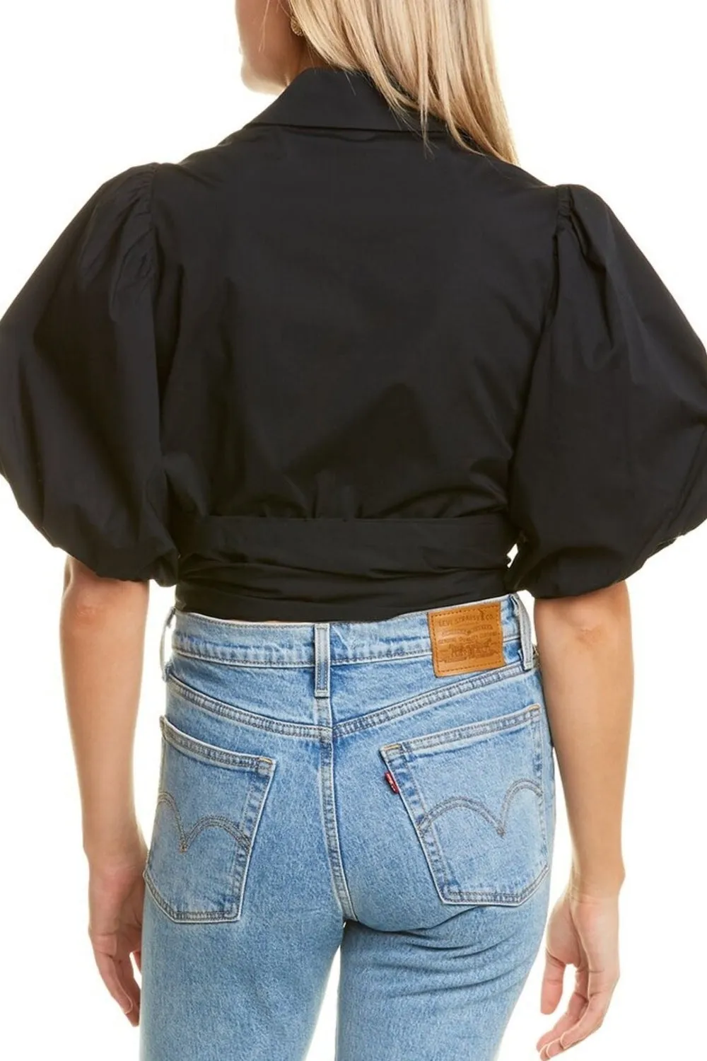 Black Shirt With Puff Sleeve And Tie Knot