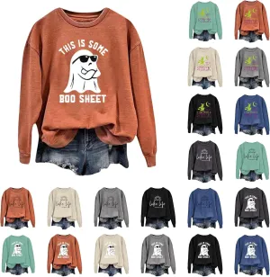 Custom Hoodie Halloween Crewneck Sweatshirt For Women Ghost Graphic Oversized Long Sleeve Sweatshirts Trendy Athletic Casual Tops Clearance