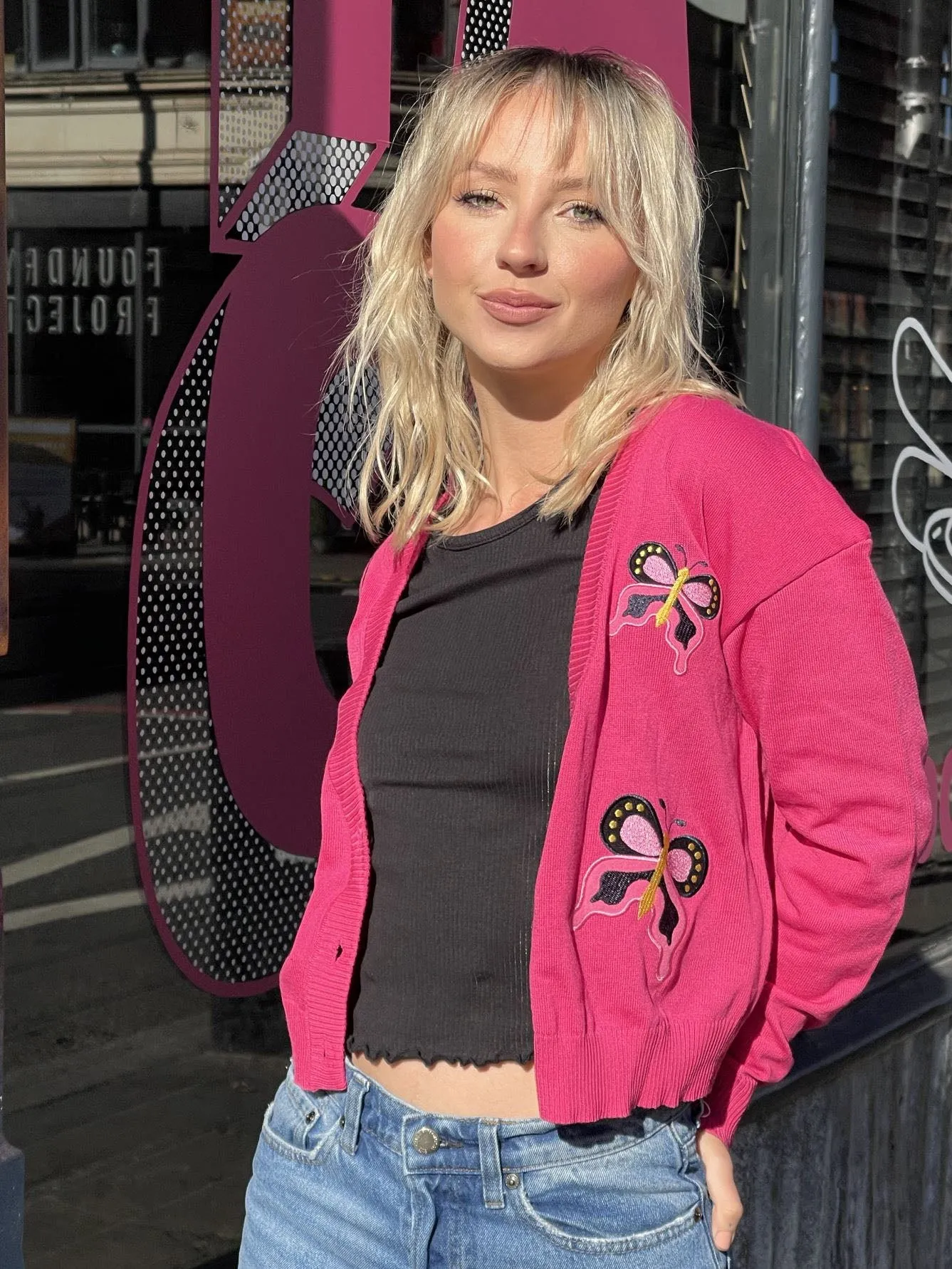 Daisy Street Fluorescent Pink Butterfly Cardigan