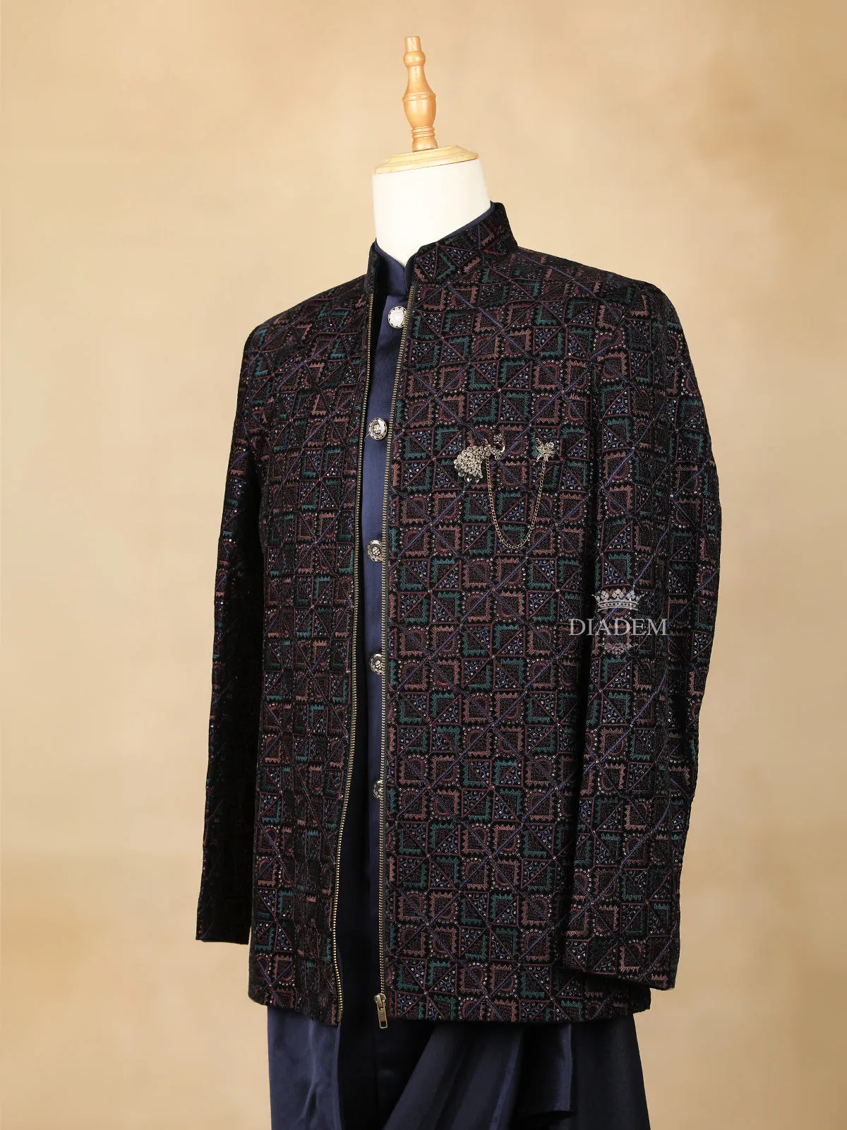 Dark Navy Blue Embroidery Indo-Western Sherwani Suit, with Pant and Brooch