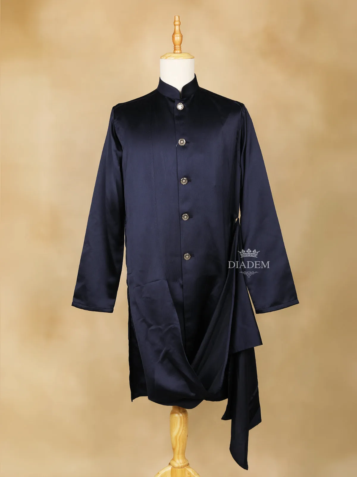 Dark Navy Blue Embroidery Indo-Western Sherwani Suit, with Pant and Brooch