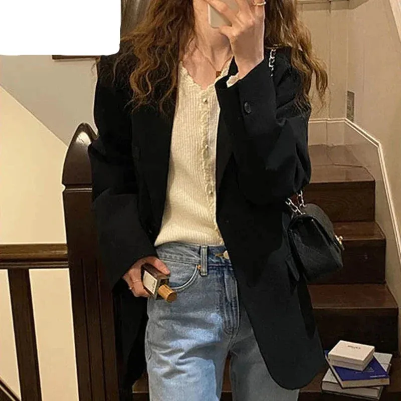 deanwangkt Women's Jacket New Blazer Single Button Turn Down Collar Casual Office Ladies Suit Oversized Loose Coats Formal Blazers