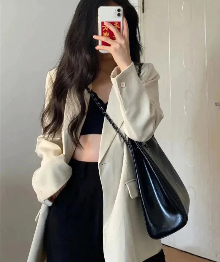 deanwangkt Women's Jacket New Blazer Single Button Turn Down Collar Casual Office Ladies Suit Oversized Loose Coats Formal Blazers