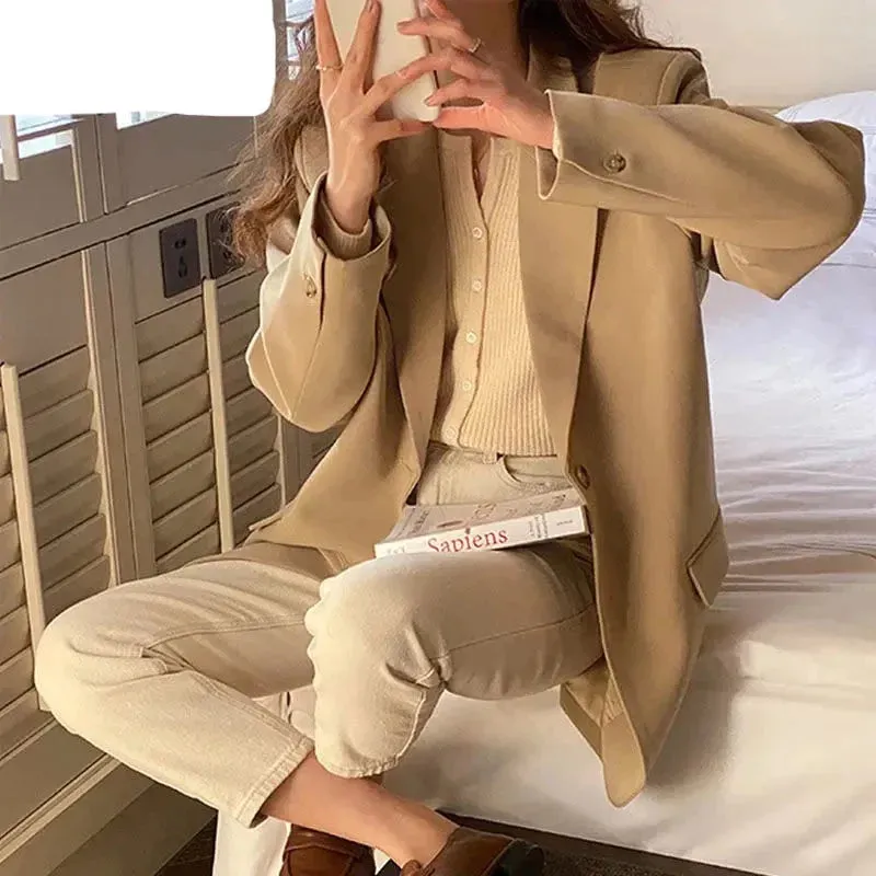 deanwangkt Women's Jacket New Blazer Single Button Turn Down Collar Casual Office Ladies Suit Oversized Loose Coats Formal Blazers