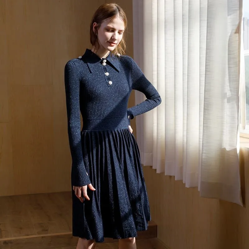 DressBetty - Winter Lapel with Buttons Long Sleeve Pleated Dress