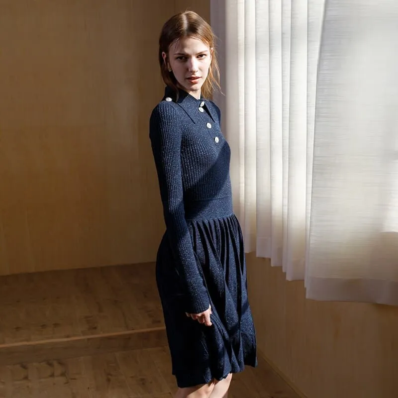 DressBetty - Winter Lapel with Buttons Long Sleeve Pleated Dress