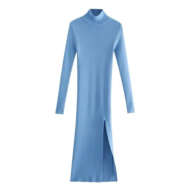 DressBetty - Women Long Sleeves High-Neck Elastic Midi Dress