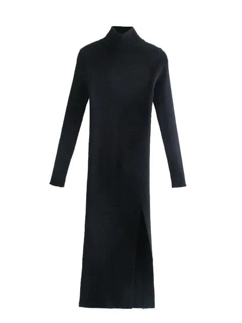 DressBetty - Women Long Sleeves High-Neck Elastic Midi Dress