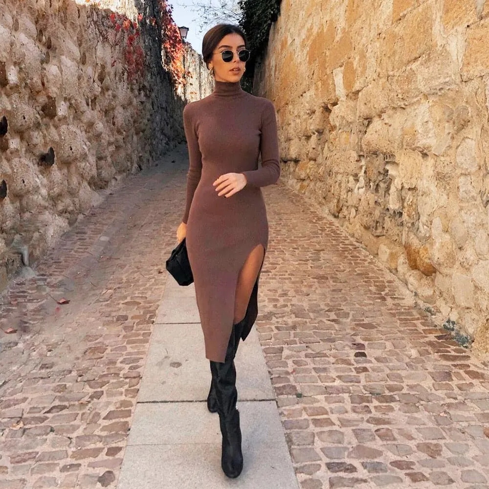 DressBetty - Women Long Sleeves High-Neck Elastic Midi Dress