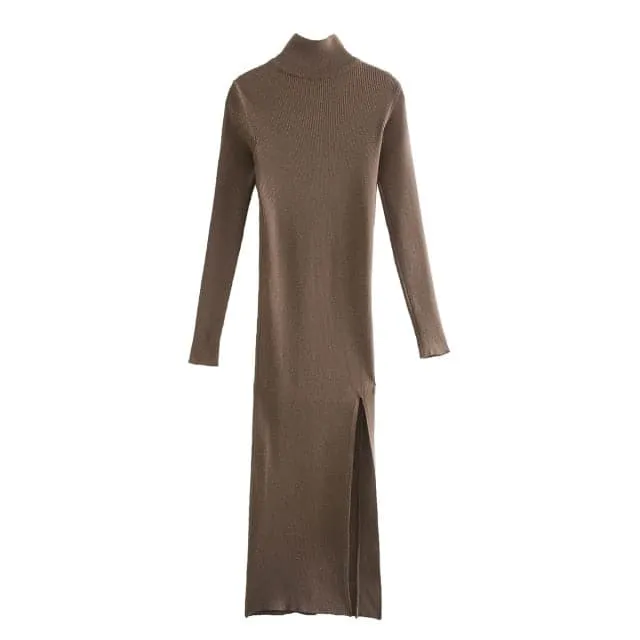DressBetty - Women Long Sleeves High-Neck Elastic Midi Dress