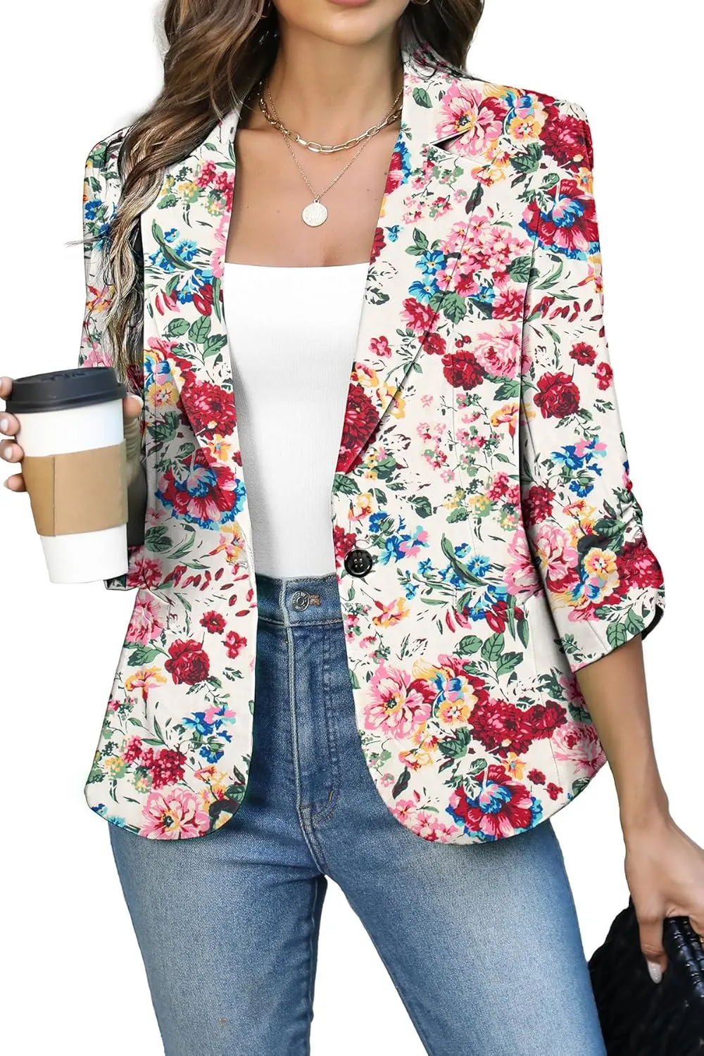 ELLEVEN Women's Ruched 3/4 Sleeve Blazers, Lightweight Slim Fit Jackets with Padded Shoulder for Business Casual