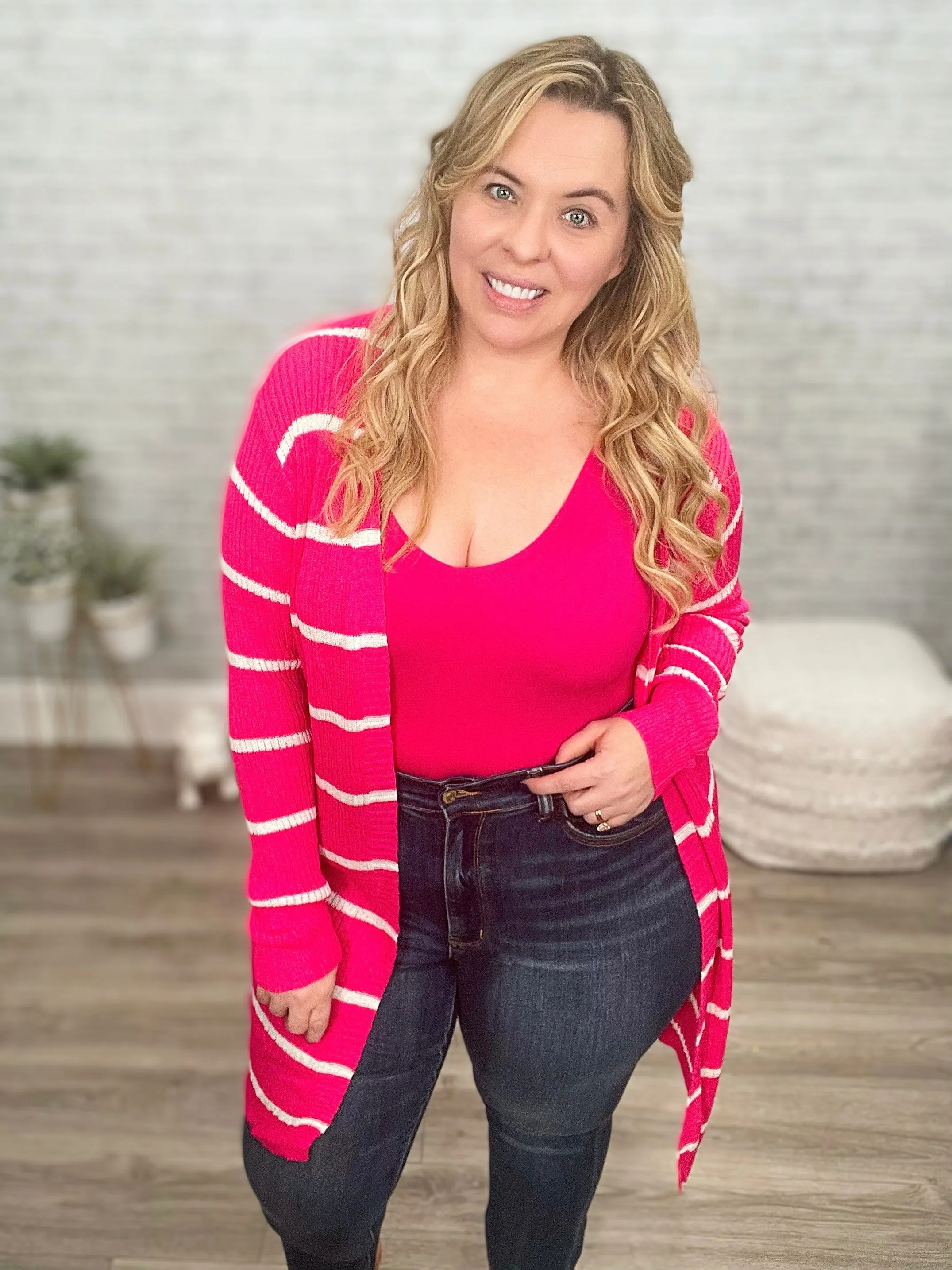 Hot Pink and White Striped Lightweight Cardigan - Jess Lea
