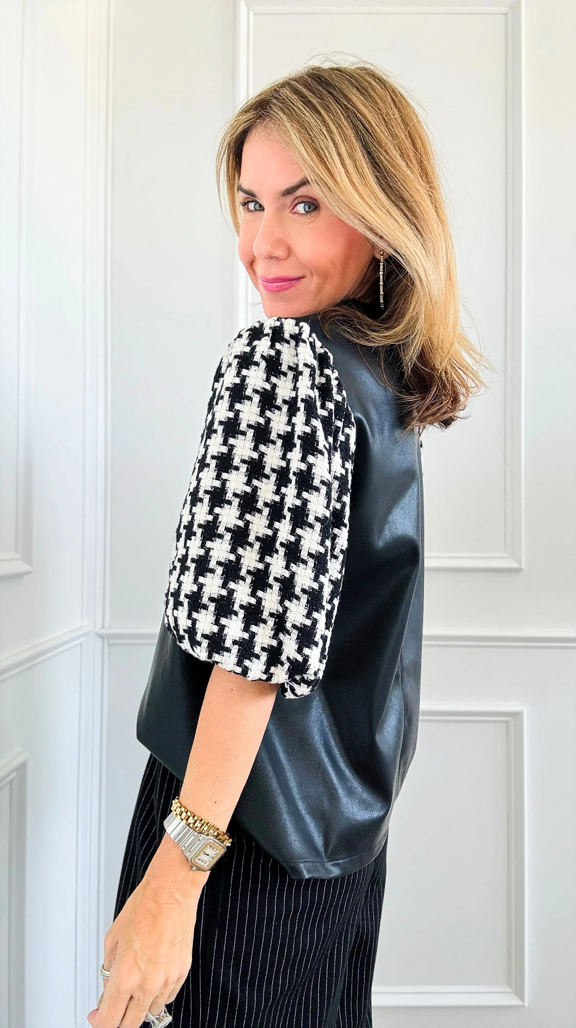 Houndstooth Sleeves V-Neck Blouse