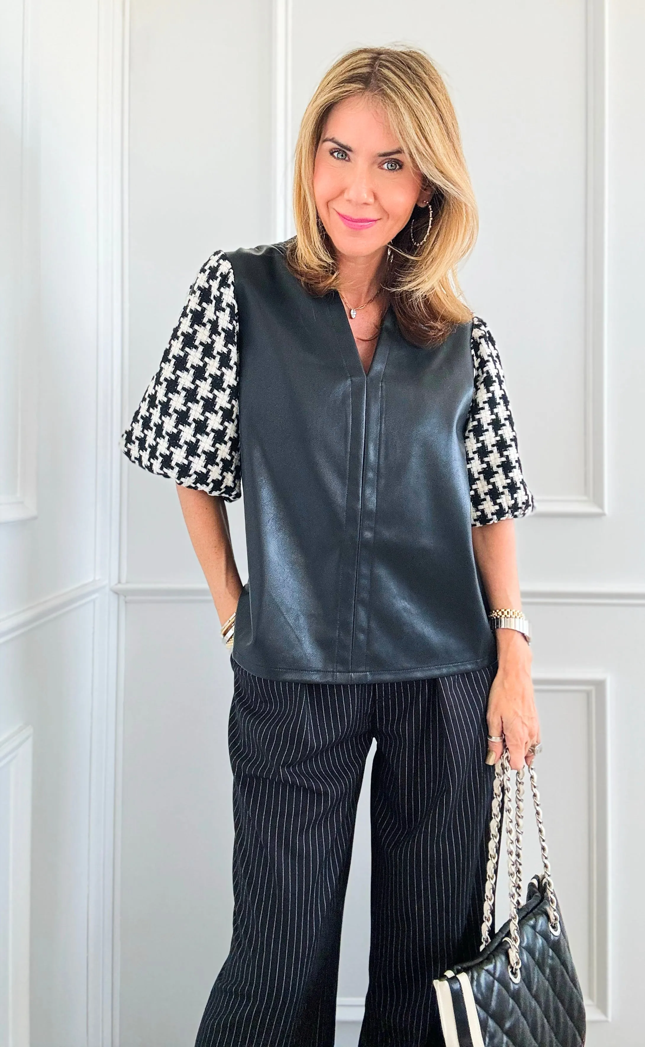 Houndstooth Sleeves V-Neck Blouse