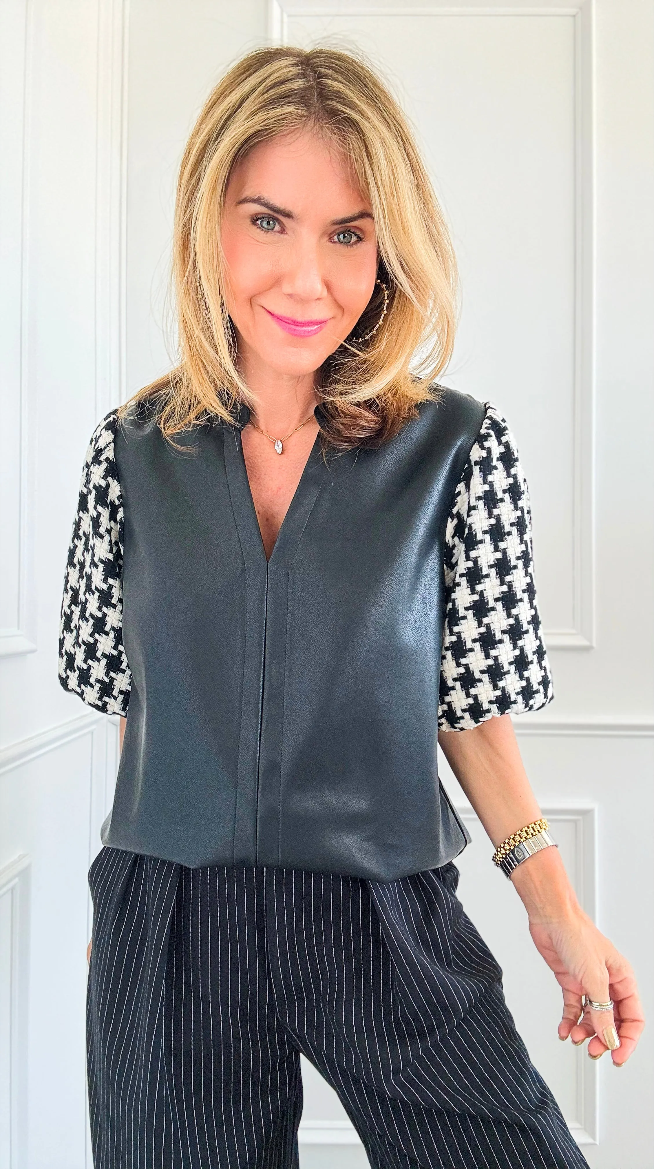Houndstooth Sleeves V-Neck Blouse