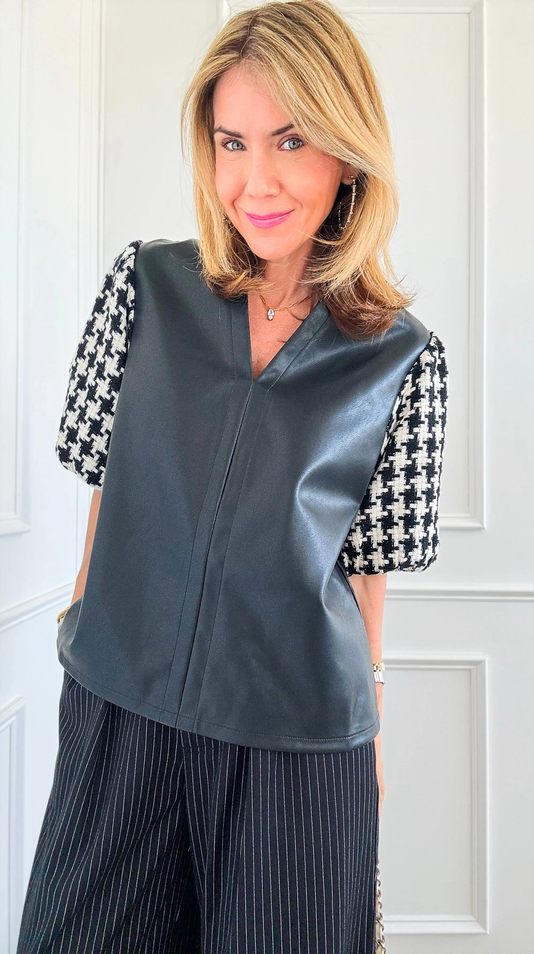 Houndstooth Sleeves V-Neck Blouse