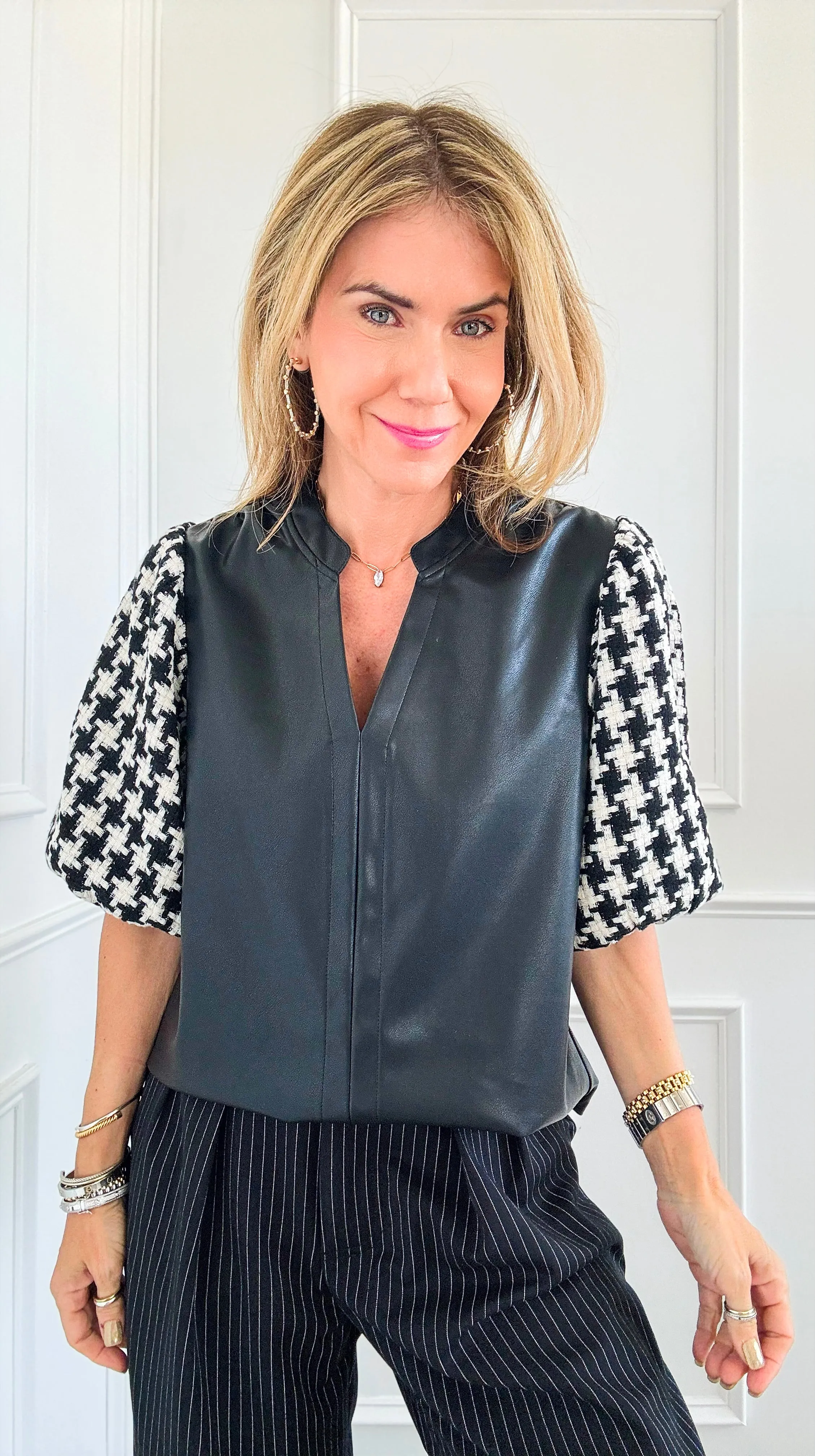 Houndstooth Sleeves V-Neck Blouse