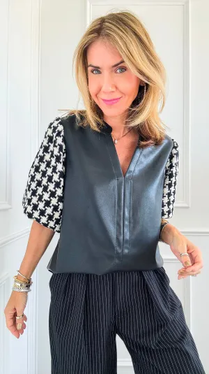 Houndstooth Sleeves V-Neck Blouse
