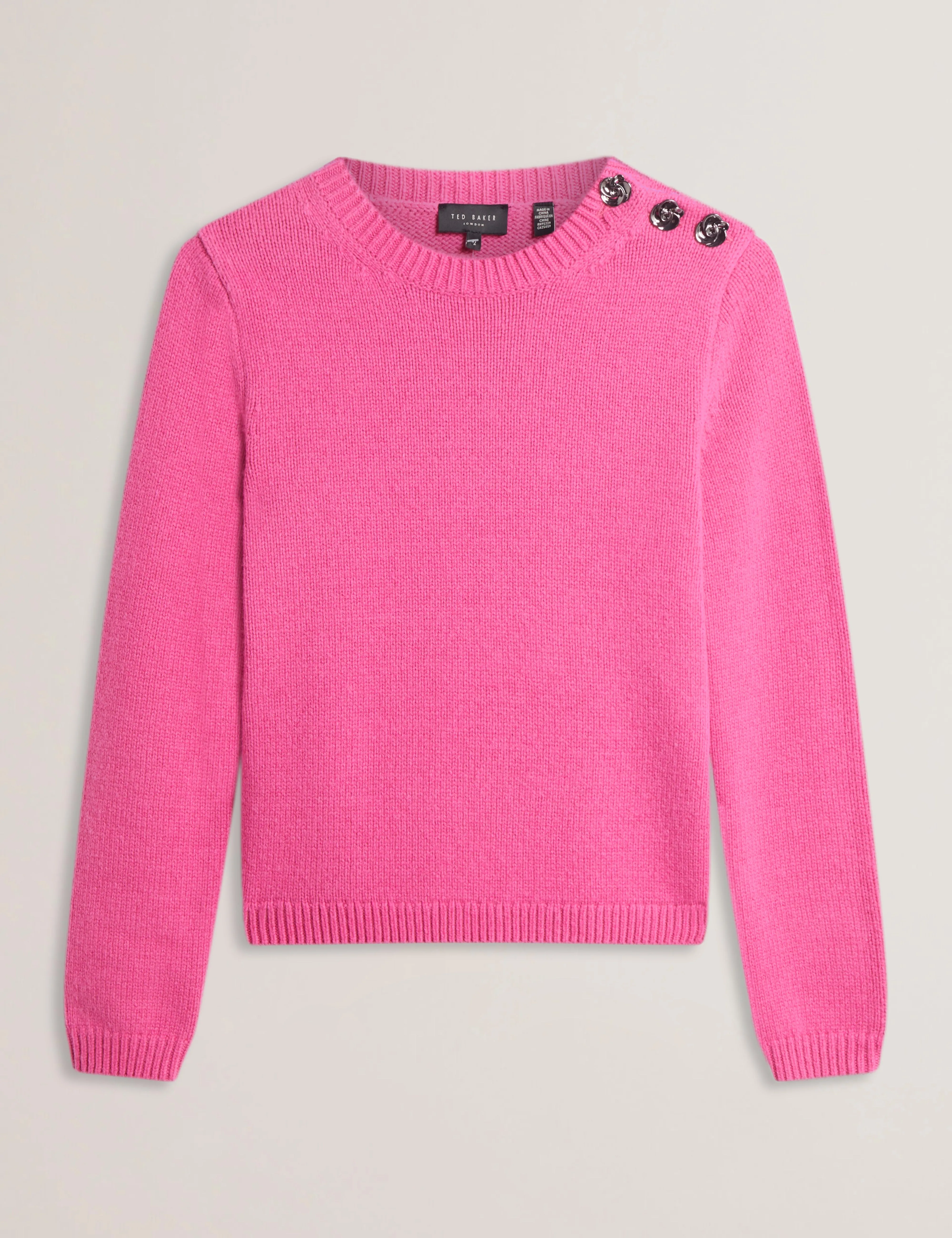 Janha Rose Button Crew Neck Long Sleeve Sweater Brt-Pink
