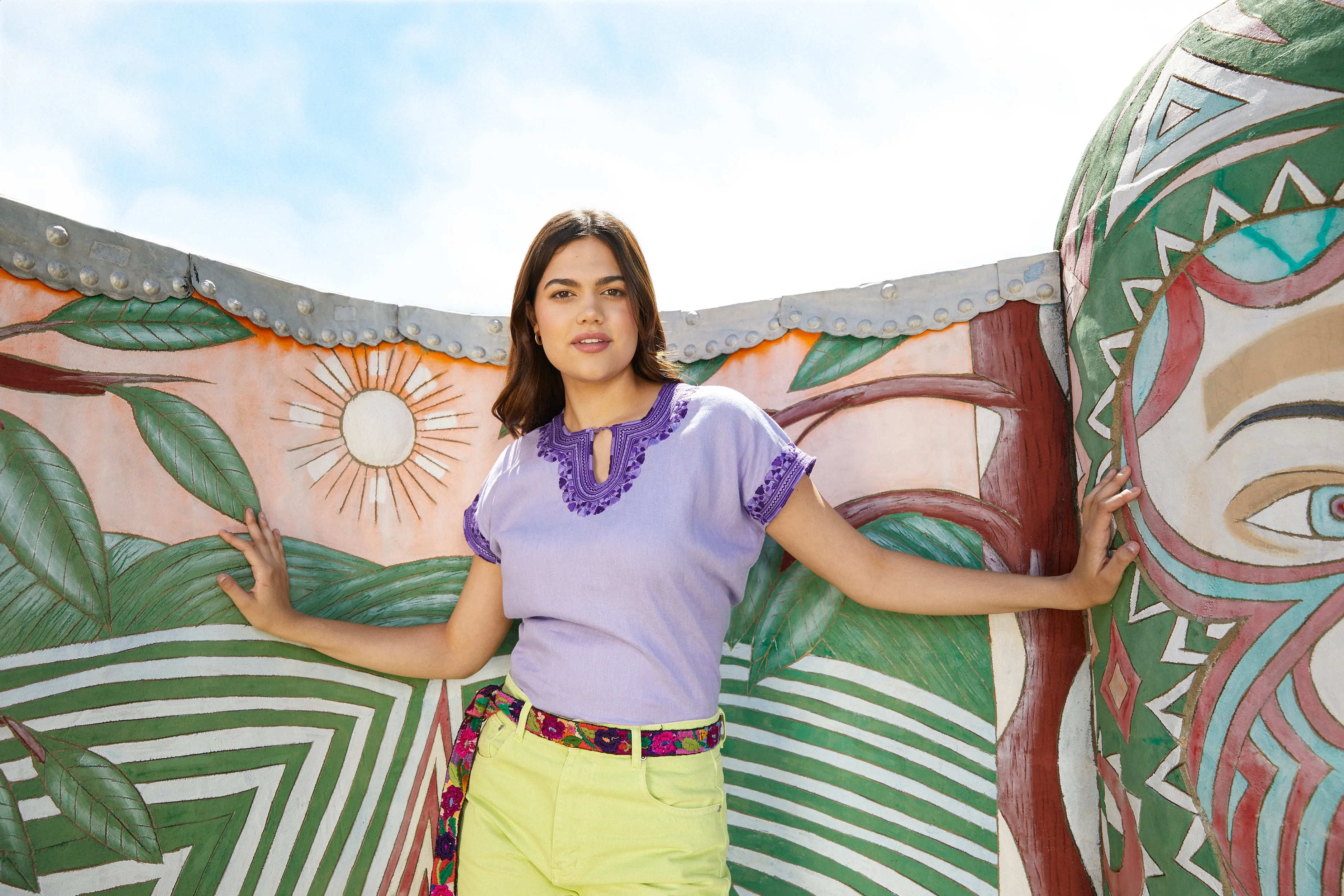 Kahlo Mexican Top - Linen- Lilac