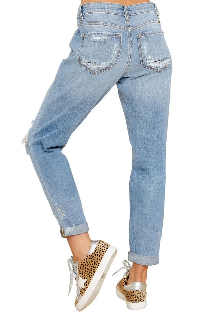 Light Blue Cuffed Hem Ripped Boyfriend Jeans