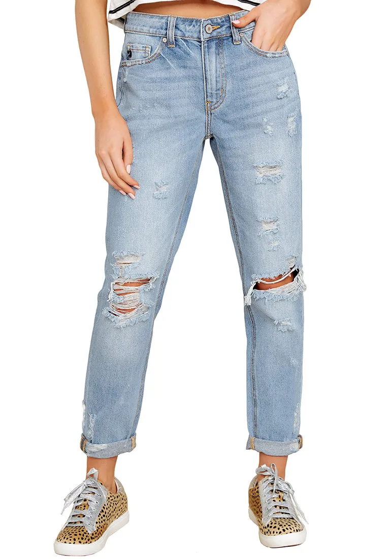 Light Blue Cuffed Hem Ripped Boyfriend Jeans