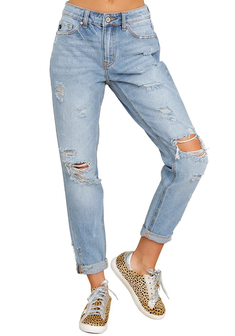 Light Blue Cuffed Hem Ripped Boyfriend Jeans