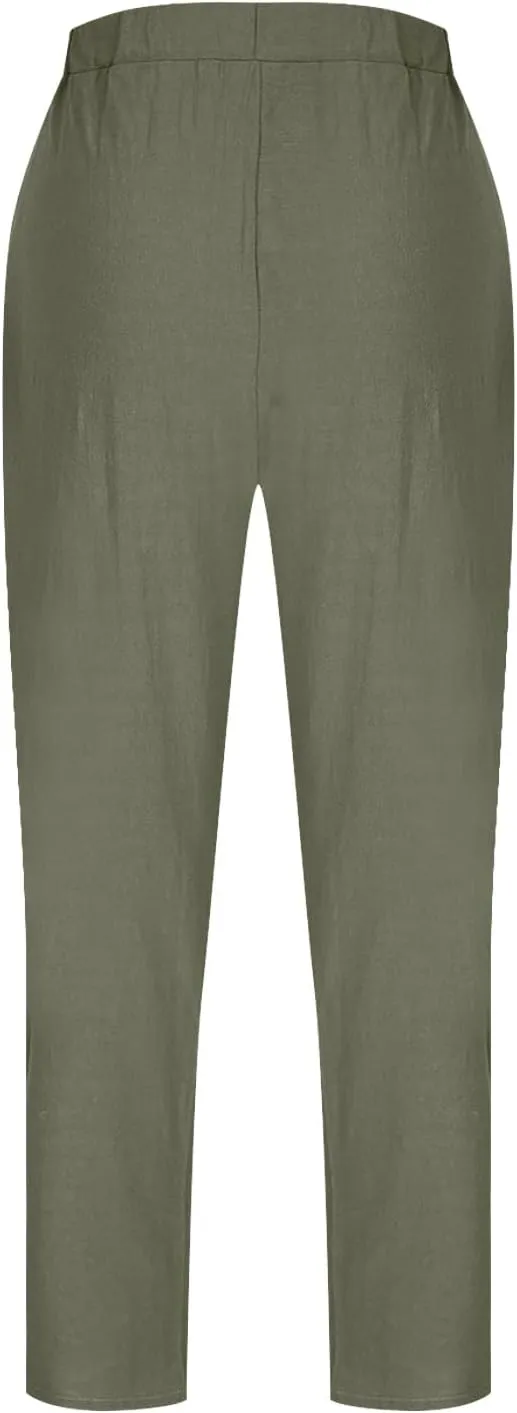 Lmdudan 2025 Summer Linen Capri Pants for Women Elastic Waist Tapered Cropped Pants Lightweight Crop Trousers with Pockets