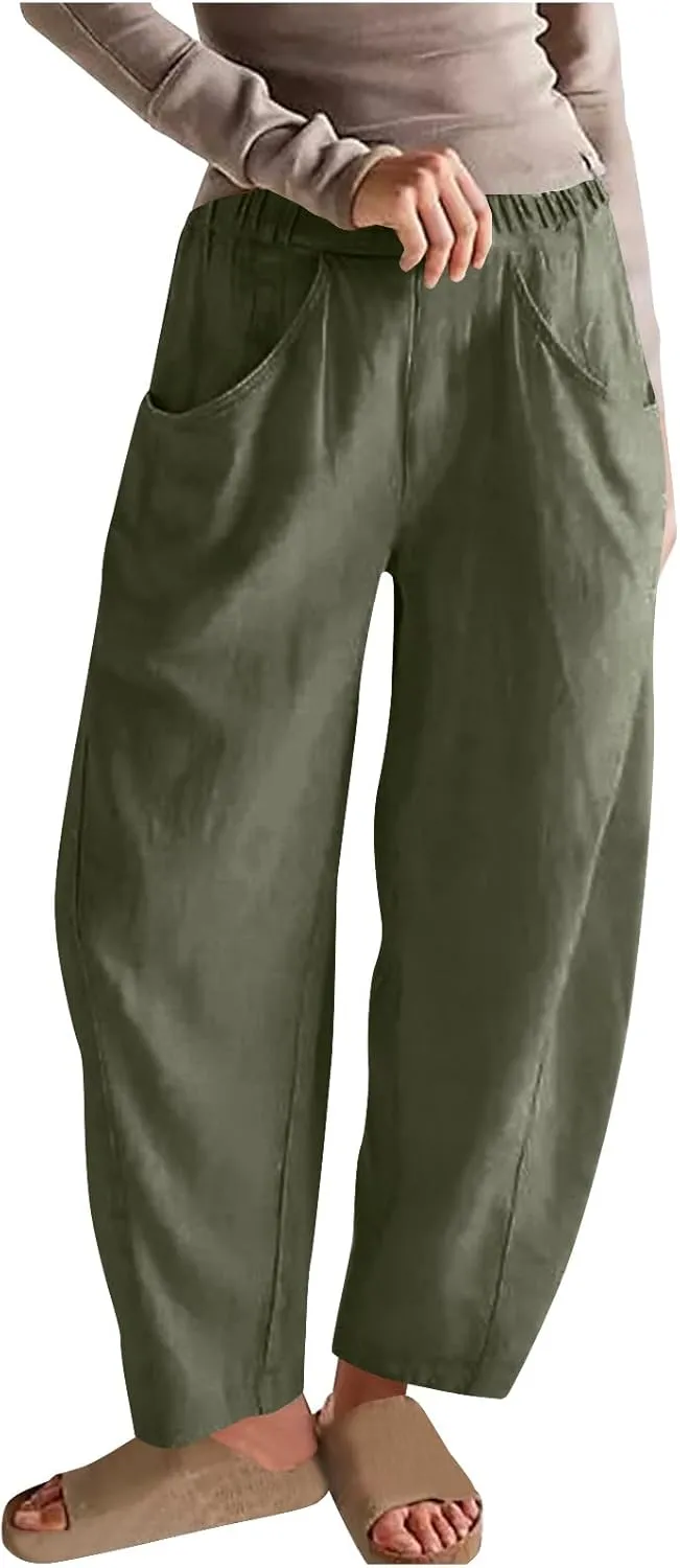 Lmdudan 2025 Summer Linen Capri Pants for Women Elastic Waist Tapered Cropped Pants Lightweight Crop Trousers with Pockets
