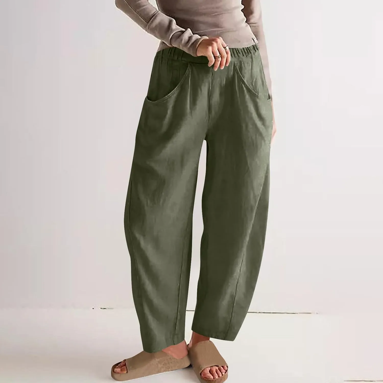 Lmdudan 2025 Summer Linen Capri Pants for Women Elastic Waist Tapered Cropped Pants Lightweight Crop Trousers with Pockets