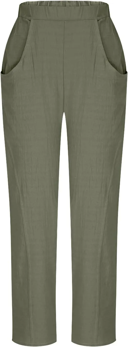 Lmdudan 2025 Summer Linen Capri Pants for Women Elastic Waist Tapered Cropped Pants Lightweight Crop Trousers with Pockets