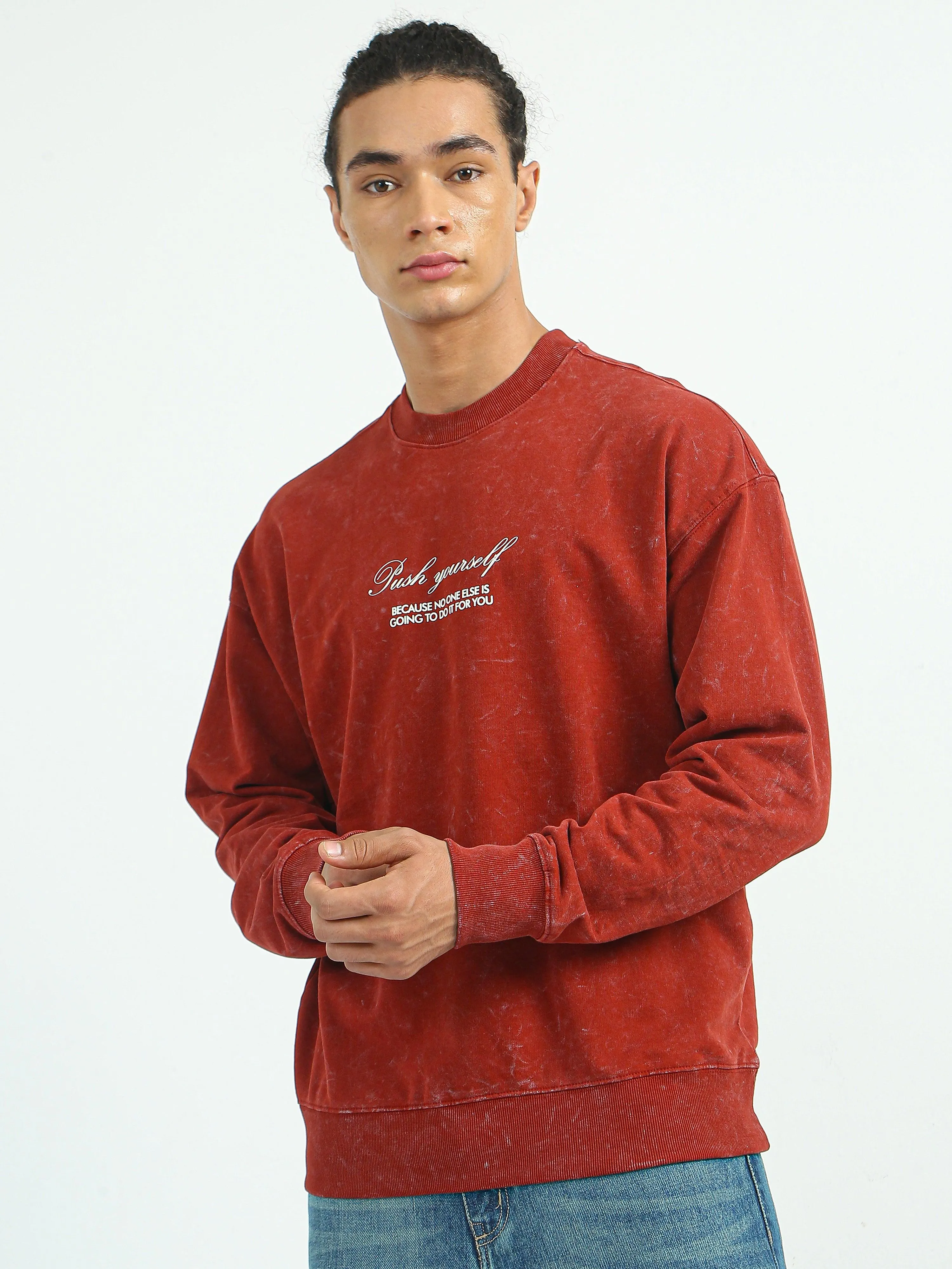 Push Yourself Printed Sweatshirt-Red