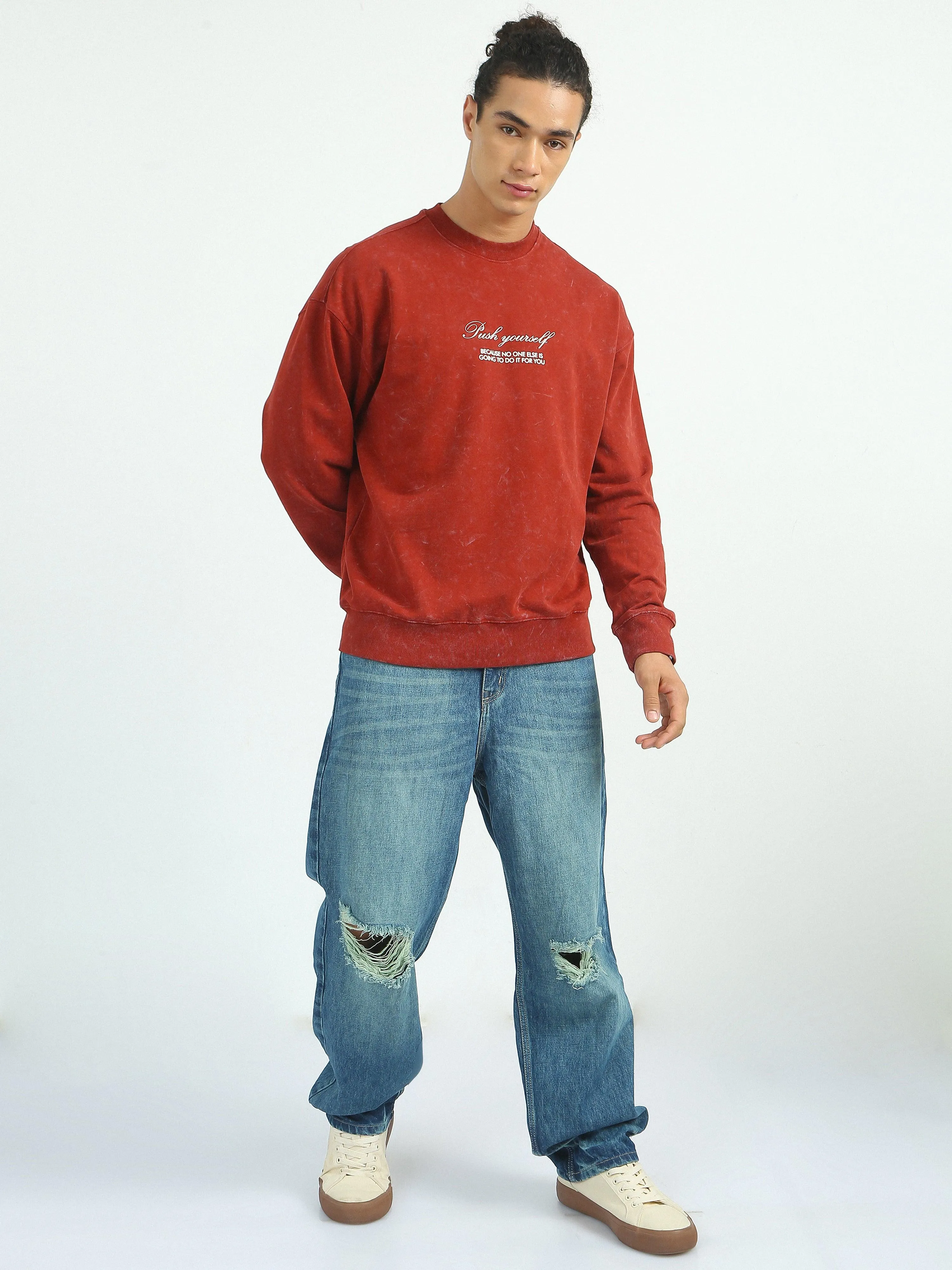 Push Yourself Printed Sweatshirt-Red