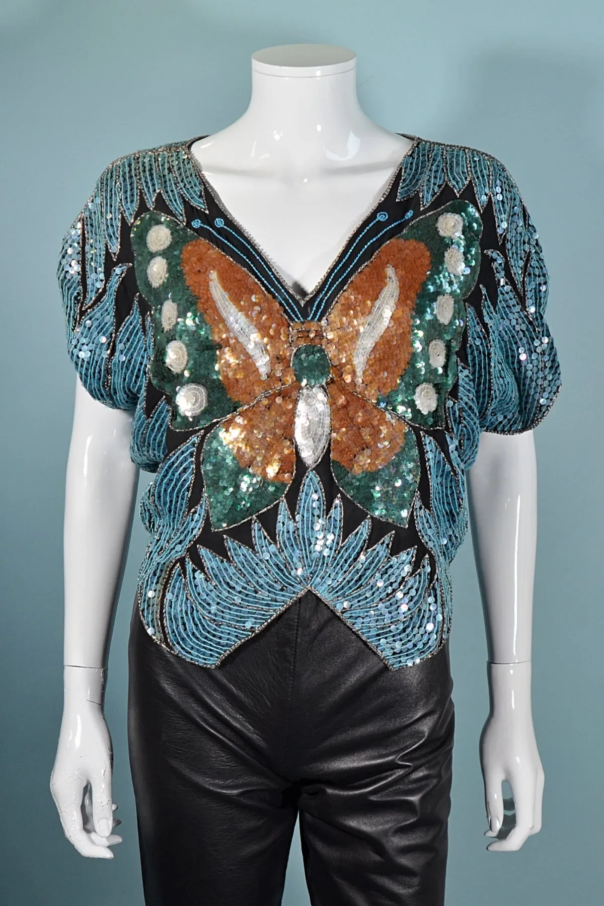SOLD Vintage 70s Sequin Butterfly Top,  Boho Disco Art Deco