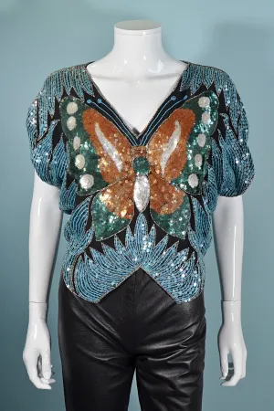 SOLD Vintage 70s Sequin Butterfly Top,  Boho Disco Art Deco