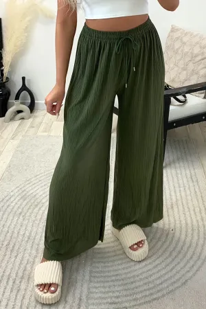 Tanya Khaki Plisse High Waisted Drawstring Wide Leg Trousers