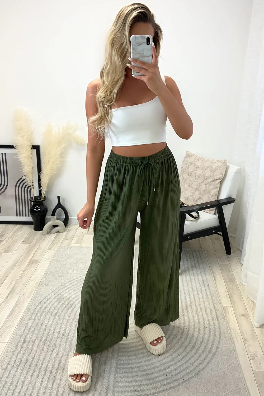 Tanya Khaki Plisse High Waisted Drawstring Wide Leg Trousers