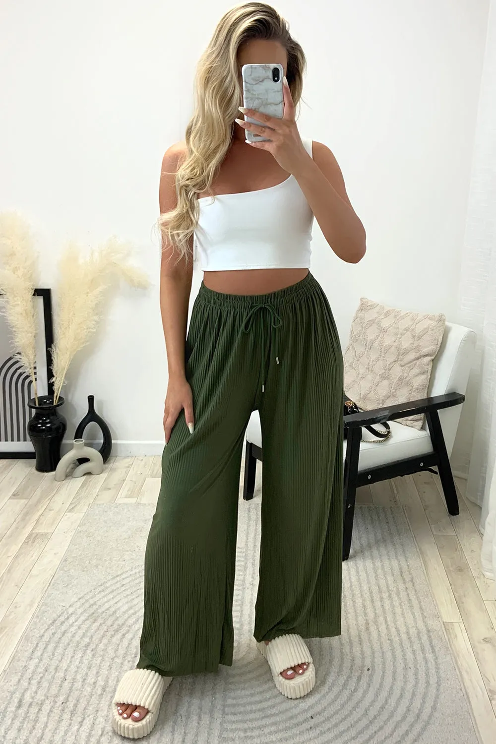 Tanya Khaki Plisse High Waisted Drawstring Wide Leg Trousers