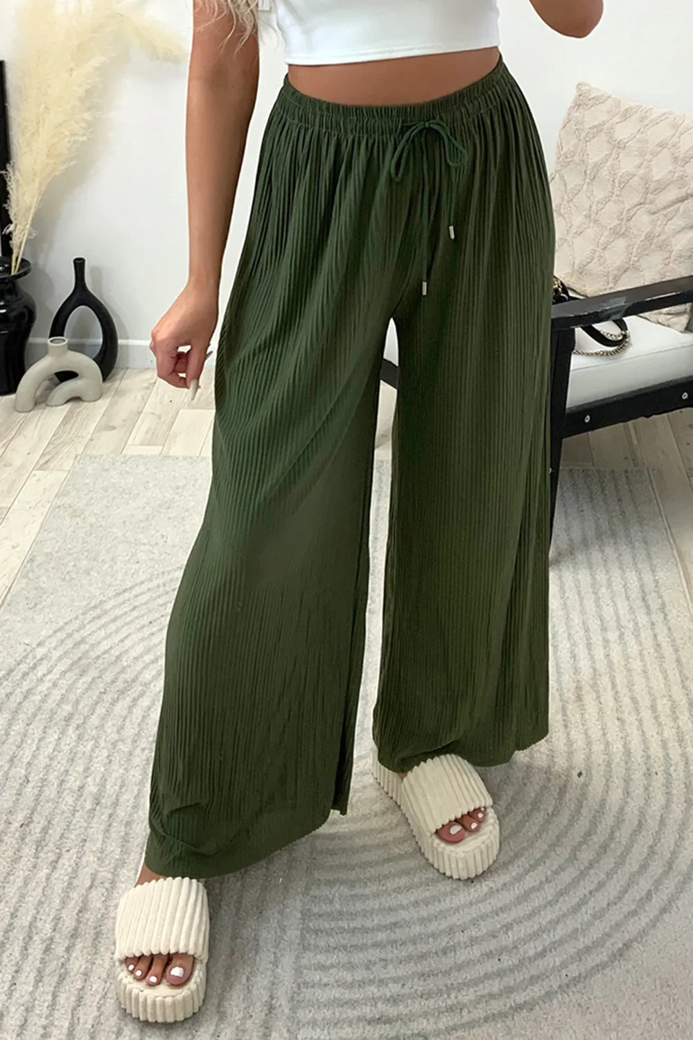 Tanya Khaki Plisse High Waisted Drawstring Wide Leg Trousers